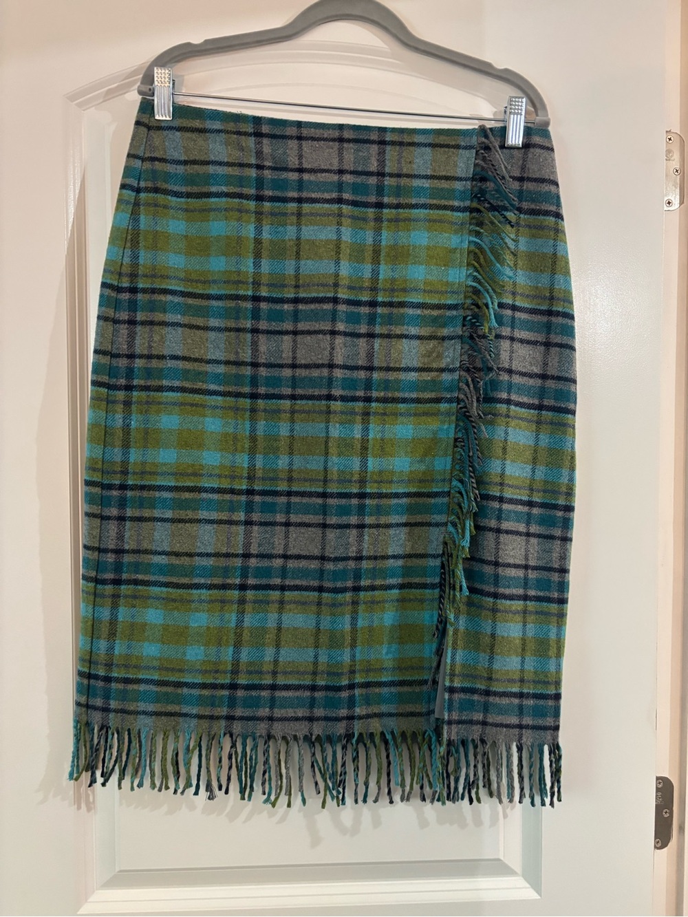 J. Jill Plaid Pencil Skirt in Green and Blue with Fringe